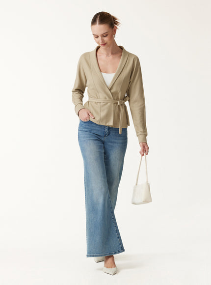 Textured Cotton Blend Lapel Belted Open-Front Jacket