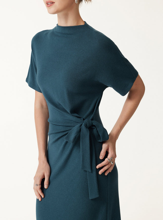 Mock Neck Elbow Sleeve Tie-Waist Midi Dress