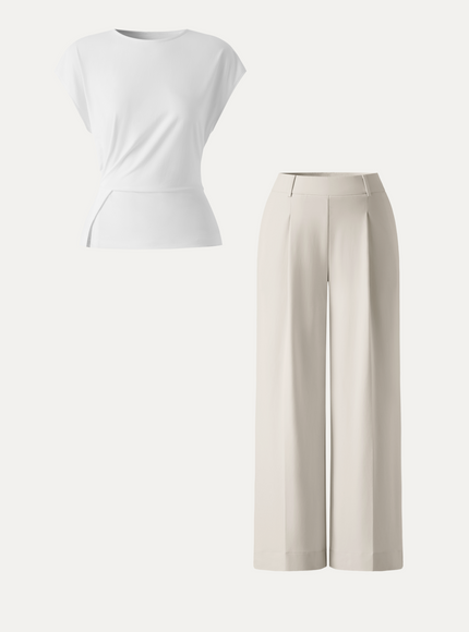 2Pcs Set Round Neck Tucked Top & Wide Leg The Success Pants