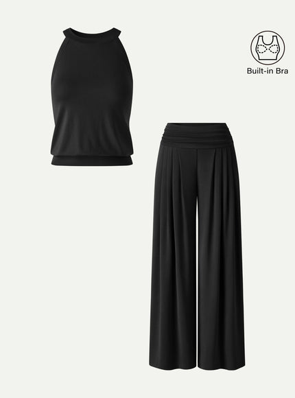 2Pcs Set Halter Neck Built-In Bra Tank & Tucked Pant with Pockets