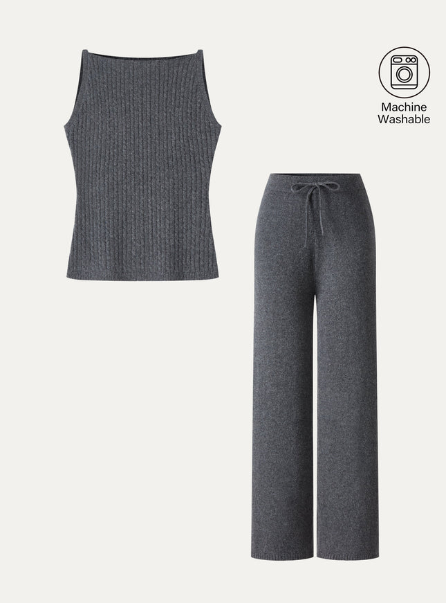 2Pcs Set Sleeveless Cable-Knit Sweater Tank & Drawstring Wide-Leg Knit Pants