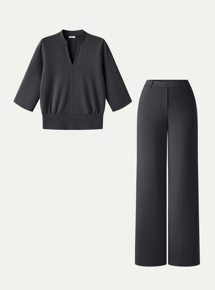 2Pcs Set V-Neck Elbow Sleeve Top & High-Rise Wide Leg Pants with Pockets