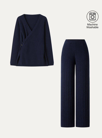 2Pcs Set V-Neck Long Sleeve Wrap Sweater & Cable-Knit Wide-Leg Pants with Pockets