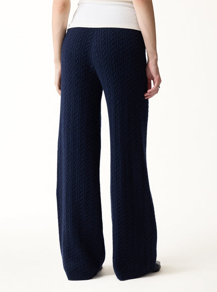 2Pcs Set V-Neck Long Sleeve Wrap Sweater & Cable-Knit Wide-Leg Pants with Pockets