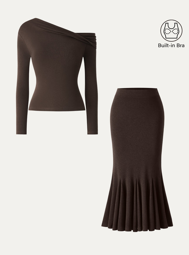 2Pcs Set Convertible Neck Built-In Bra Top & High-Rise Mermaid Midi Skirt