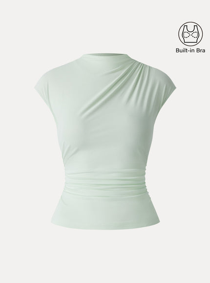 Mockneck Ruched Cropped Built-In Bra Top