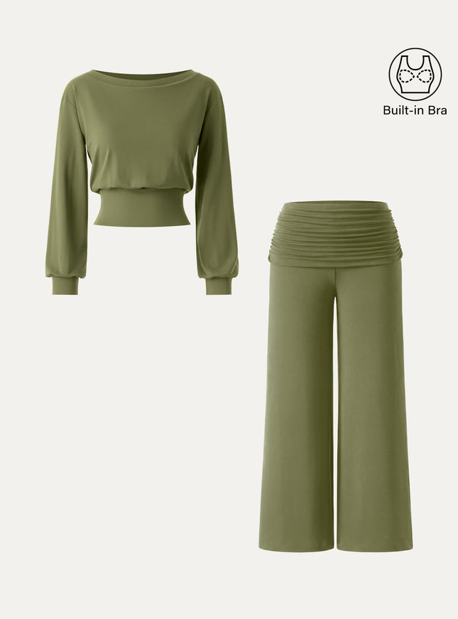 2Pcs Set Boatneck Built-In Bra & Drapey Wide Leg Pull-on Pants with Pockets