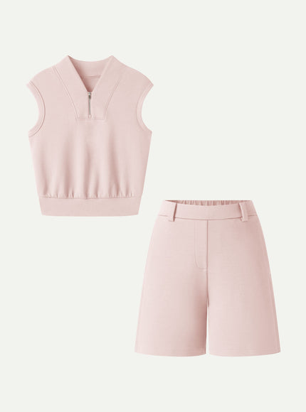 2Pcs Set Banded Hem Travel Top & Shorts with Pockets