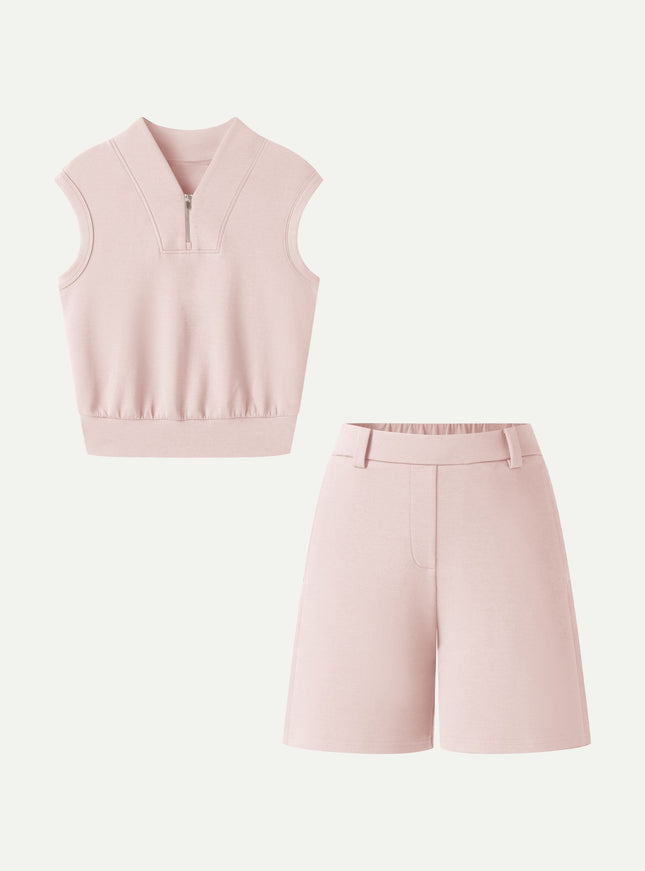 2Pcs Set Banded Hem Travel Top & Shorts with Pockets
