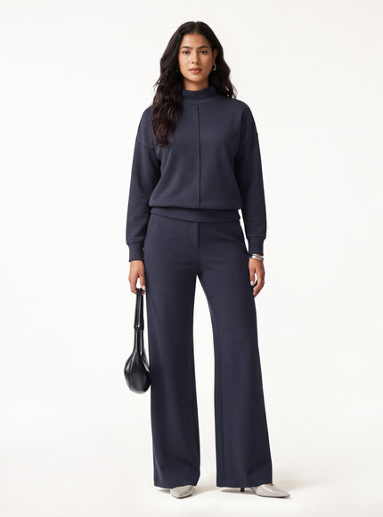 2Pcs Set Mockneck Long Sleeve Shirt & High-Rise Wide Leg Pants with Pockets