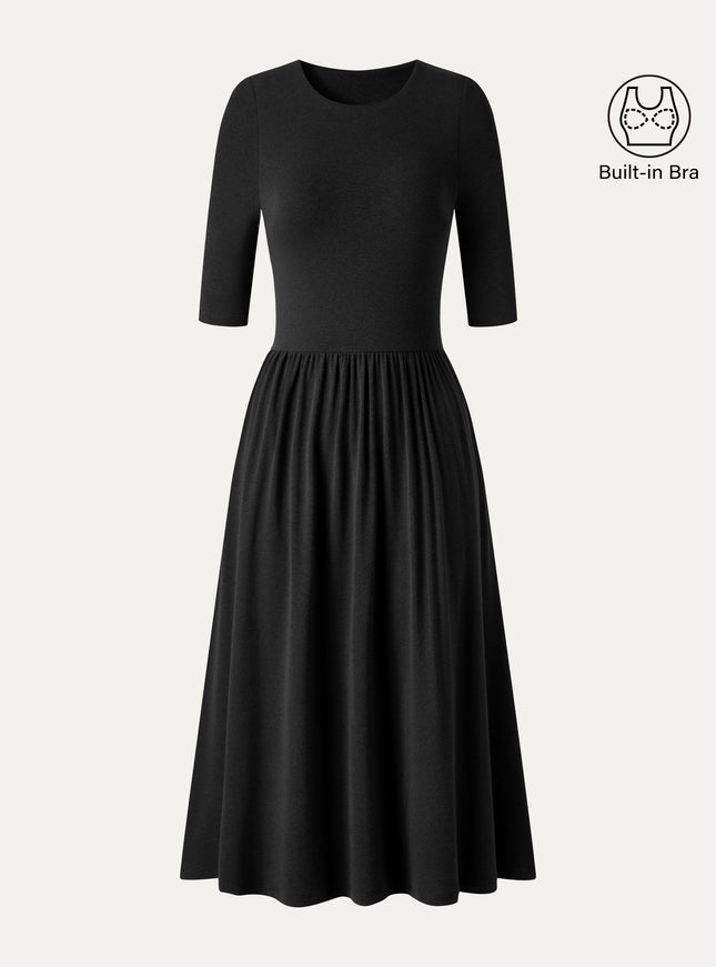 Round Neck Fit-and-Flare Midi Built-In Bra Dress with Pockets