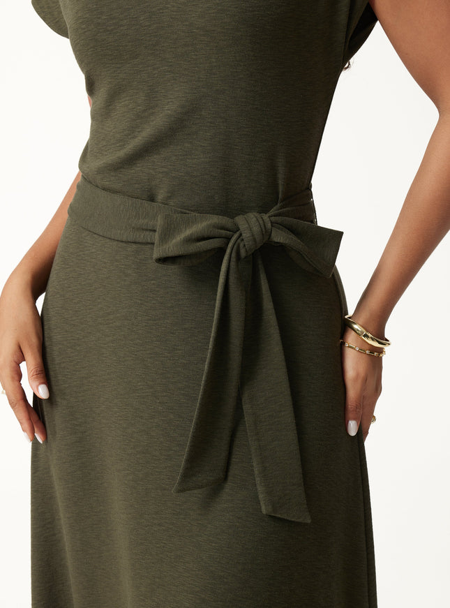 Neck Short Sleeve Belted Midi Dress