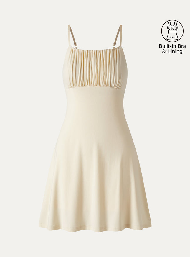 Matte Smooth Square Neck Ruched Spaghetti Mini Built-In Bra Dress