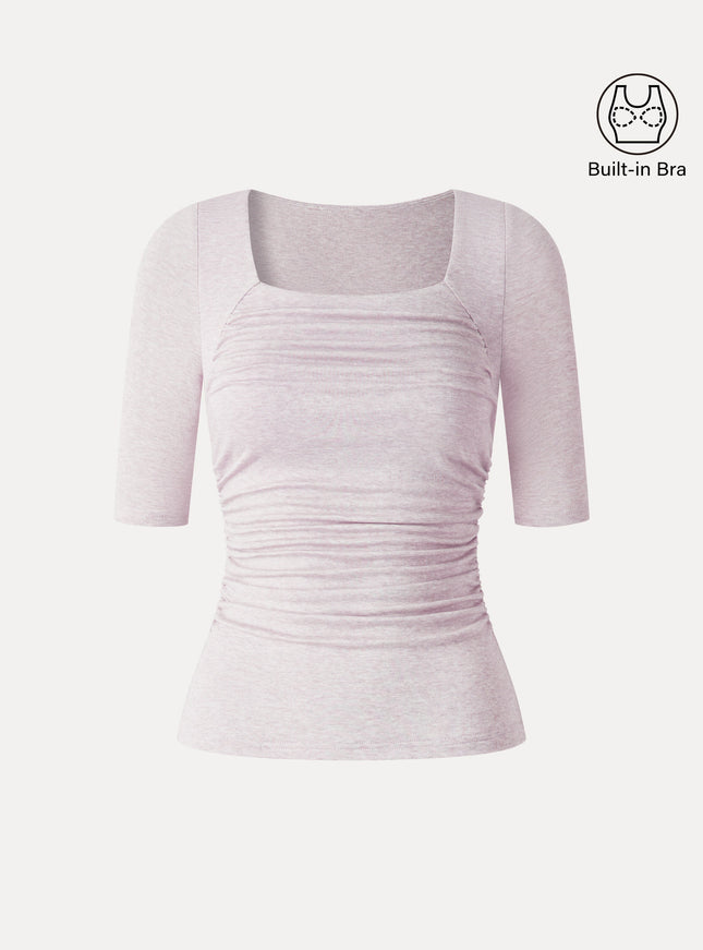 Lyocell-Wool Square Neck Elbow Sleeve Ruched Built-In Bra Top