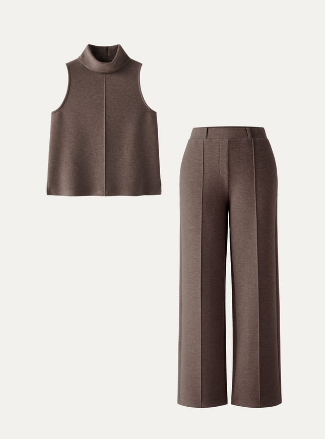 2Pcs Set Petite High Waisted Warm Straight Leg Pull On Pant & Split Hem Top