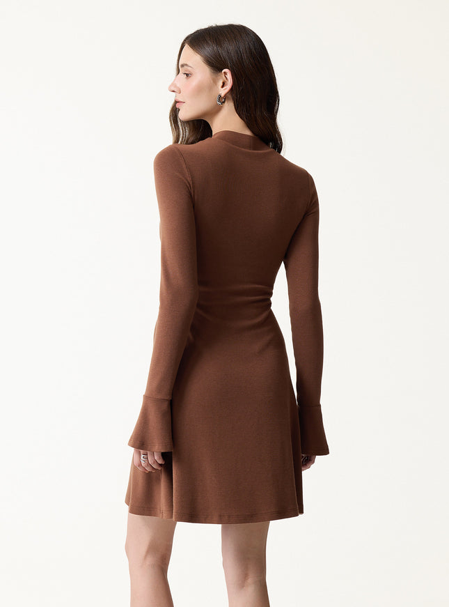 Mock Neck Flared Long Sleeve A-Line Mini Built-In Bra Dress