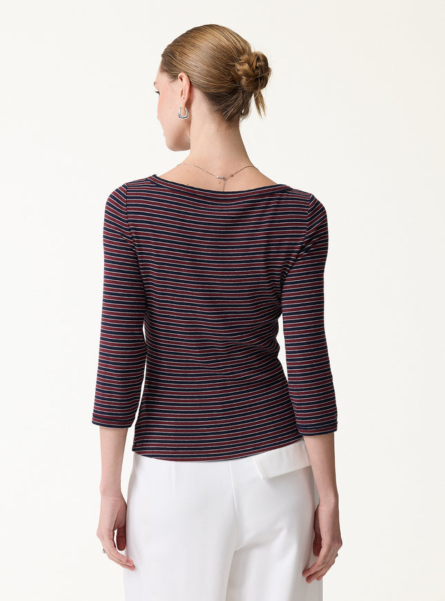 Striped Parisian Boatneck 3/4 Sleeve Built-In Bra Top