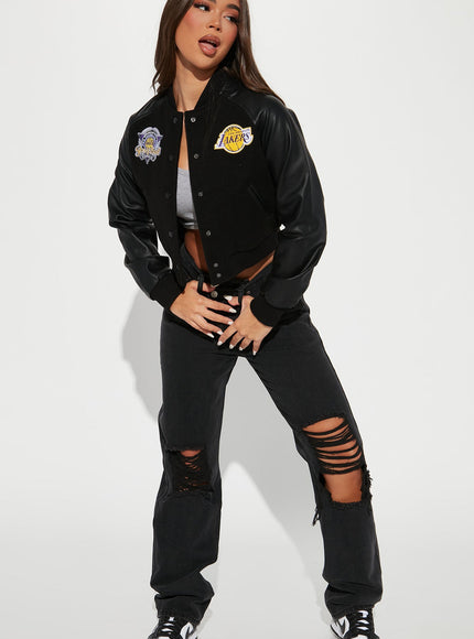 Fashion Nova Women's NBA LA Lakers Cropped Letterman Jacket Black