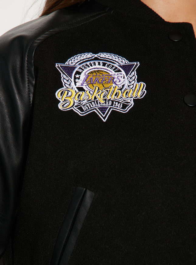 Fashion Nova Women's NBA LA Lakers Cropped Letterman Jacket Black