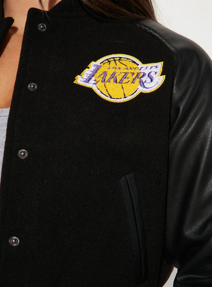 Fashion Nova Women's NBA LA Lakers Cropped Letterman Jacket Black