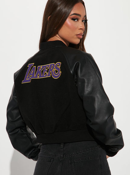 Fashion Nova Women's NBA LA Lakers Cropped Letterman Jacket Black