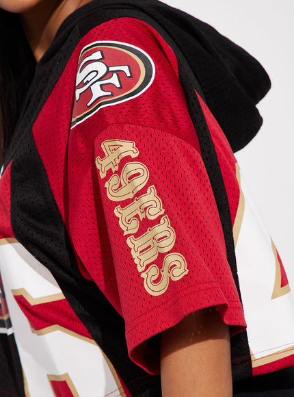 Fashion Nova Women's 49ers Cropped Mesh Hooded Jersey Top Red