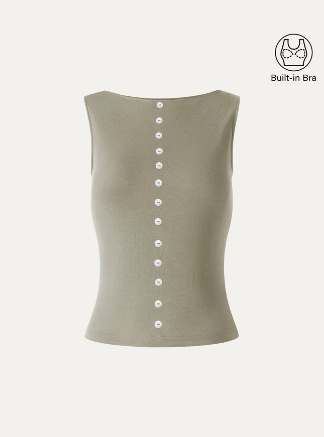 Cotton-Linen Boatneck Cropped Built-In Bra Top