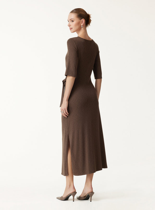 Slub Ribbed Round Neck Elbow Sleeve Tie-Waist Midi Dress