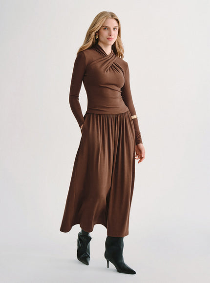 2Pcs Set Mockneck Long Sleeve Top & Mid-Rise A-Line Midi Skirt with Pockets