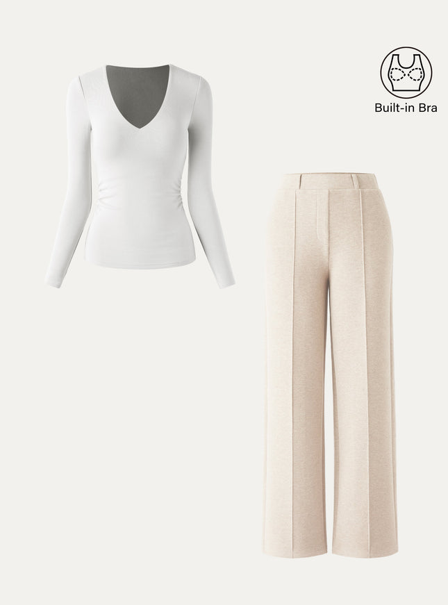 2Pcs Set V-Neck Side-Tuck Built-In Bra Top & High Waisted Warm Straight Leg Pull On Pant