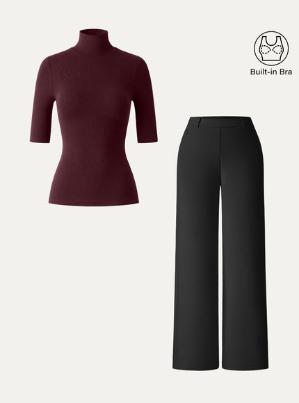 2Pcs Set Turtleneck Built-In Bra Tops & High Rise Wide Leg Pant