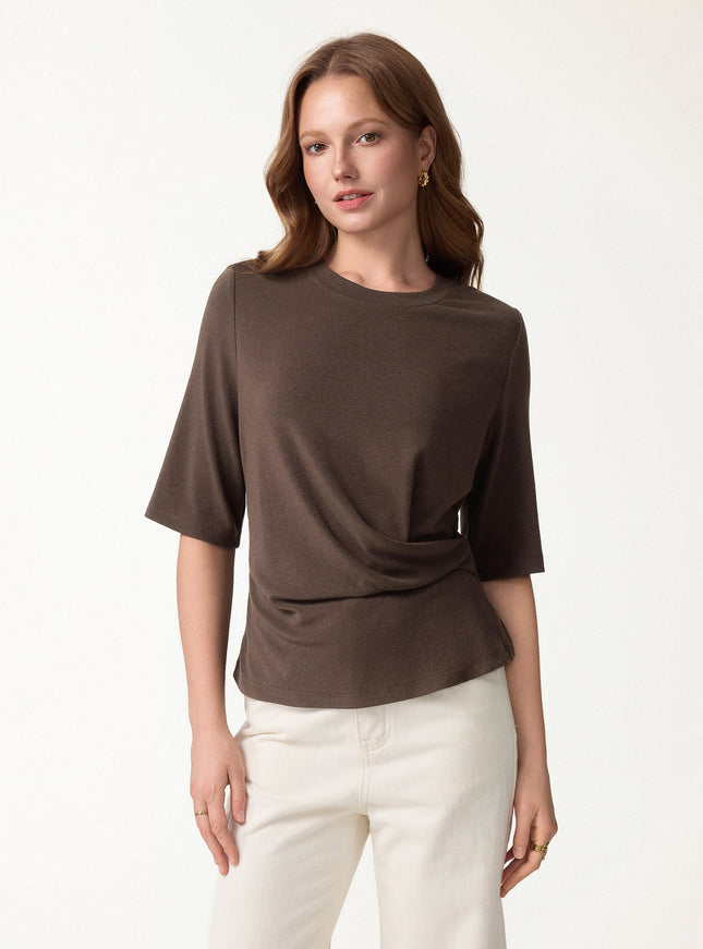 Round Neck Elbow Sleeve Side-Tuck Top