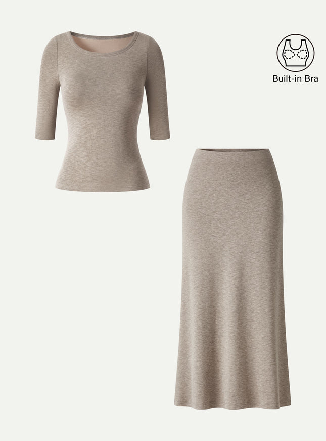 2Pcs Set Round Neck Elbow Sleeve Built-In Bra Top & Side-Slit A-Line Midi Skirt