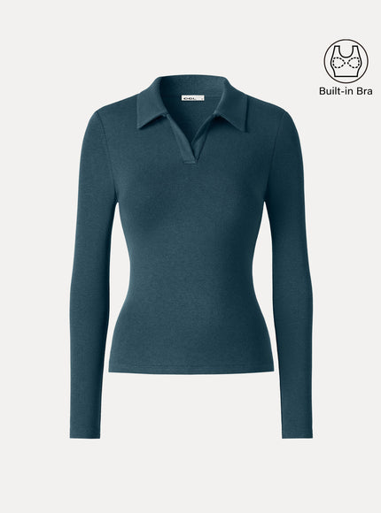Office Staple V-Neck Lapel Long Sleeve Built-In Bra Top