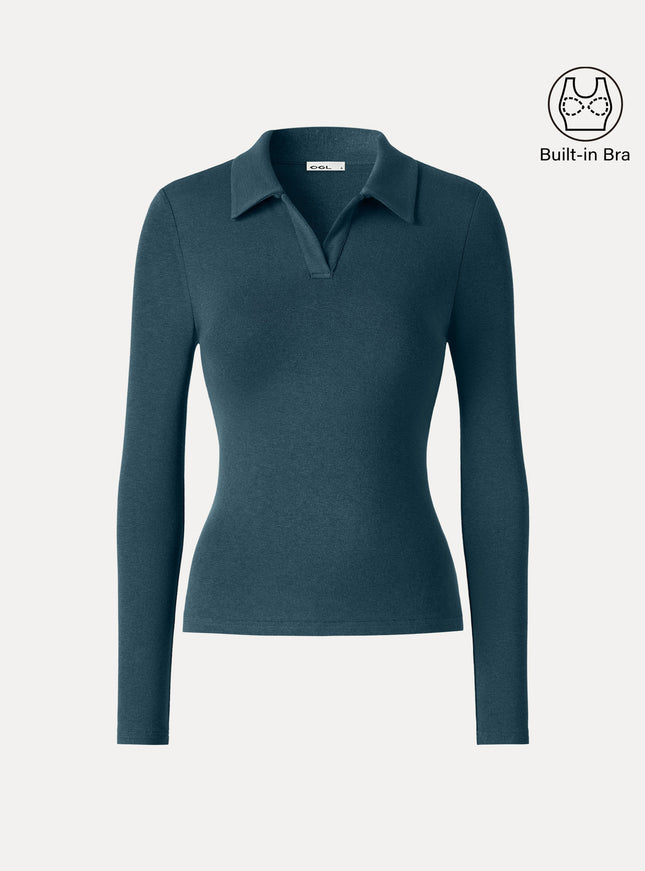 Office Staple V-Neck Lapel Long Sleeve Built-In Bra Top