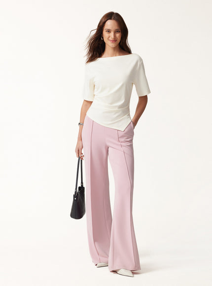 Cotton Blend Boatneck Elbow Sleeve Asymmetrical Tucked Top