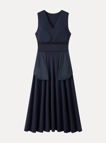 Ribbed Collared V-Neck Sleeveless A-Line Midi Built-In Bra Dress with Pockets