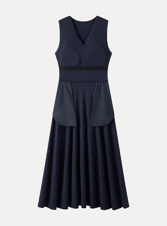 Ribbed Collared V-Neck Sleeveless A-Line Midi Built-In Bra Dress with Pockets