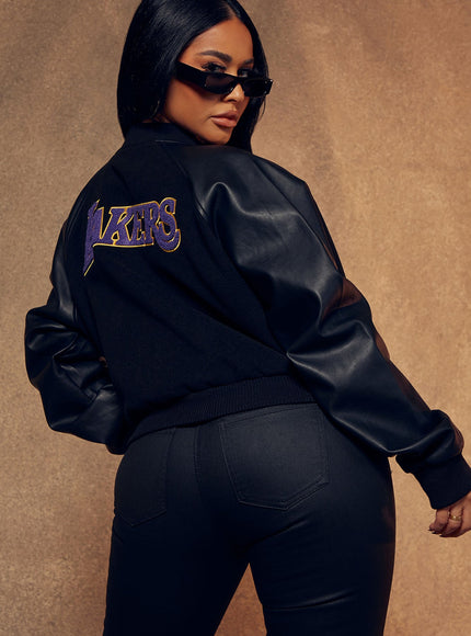 Fashion Nova Women's NBA LA Lakers Cropped Letterman Jacket Black