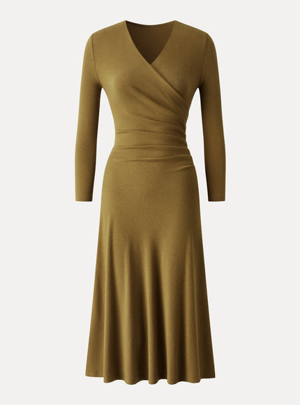 Surplice 3/4 Sleeve Side-Tuck Midi Dress