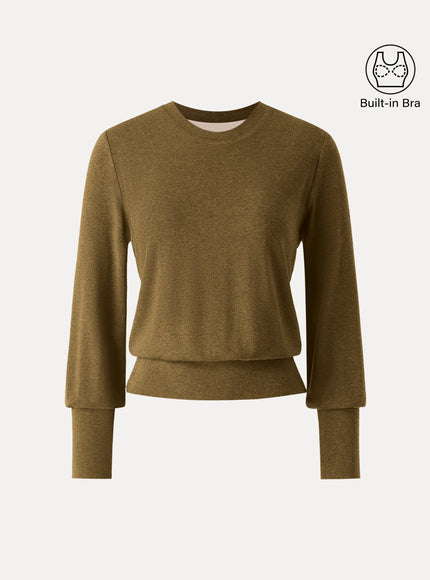 Elevated Crewneck Brushed Built-In Bra Top with Banded Hem