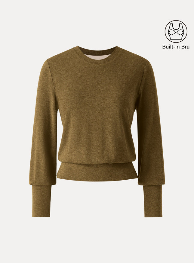 Elevated Crewneck Brushed Built-In Bra Top with Banded Hem