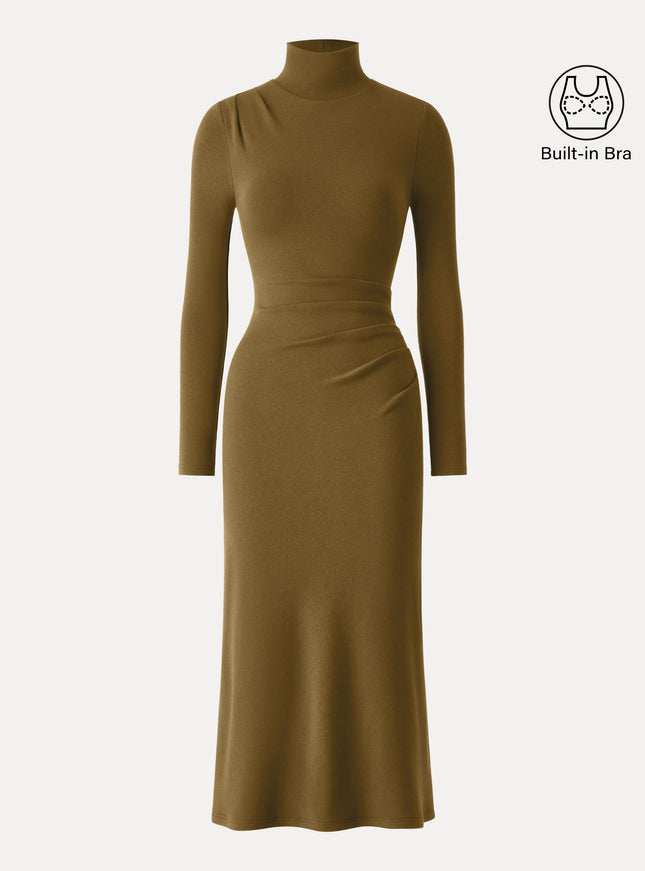 Turtleneck Tucked Midi Built-In Bra Dress