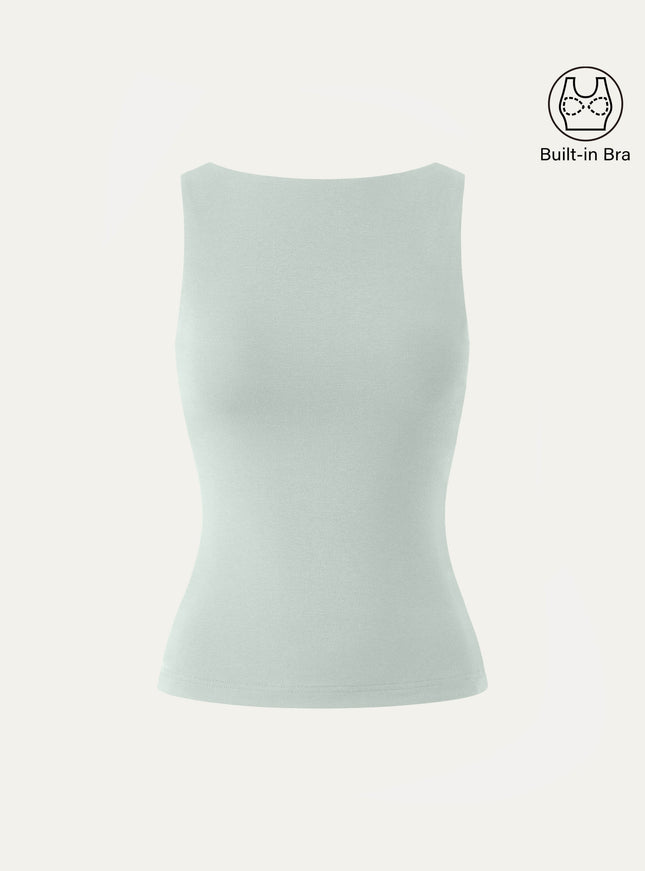 Stretch Cotton Boatneck Built-In Bra Tank