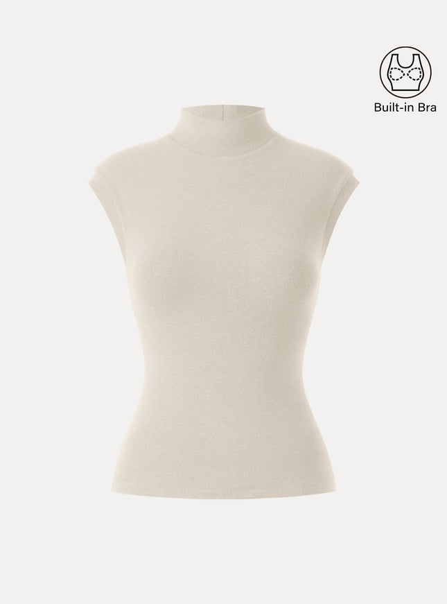 Stretch Cotton Mock Neck Cap Sleeve Built-In Bra Top