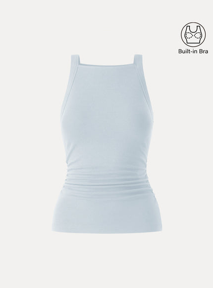 Chic Square Neck Ruched Rib Built-In Bra Tank