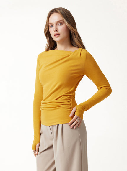 Asymmetrical Neck Long Sleeve Ruched Top