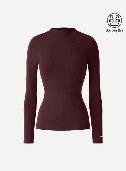 Mockneck Long Sleeve Built-In Bra Top - Forest Night