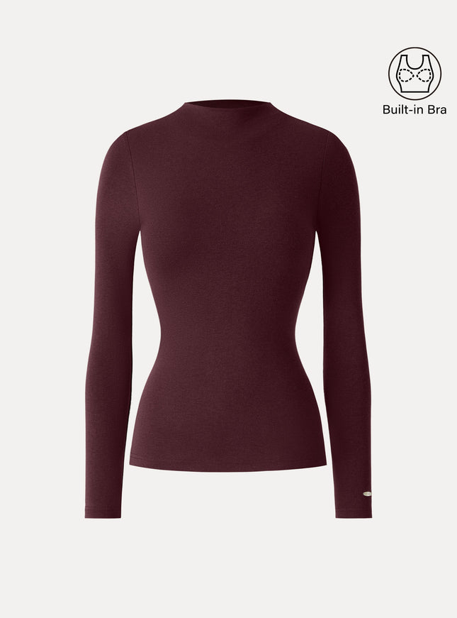 Mockneck Long Sleeve Built-In Bra Top - Forest Night