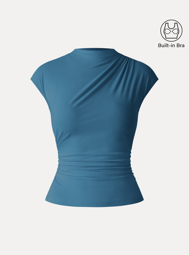 Mockneck Ruched Cropped Built-In Bra Top